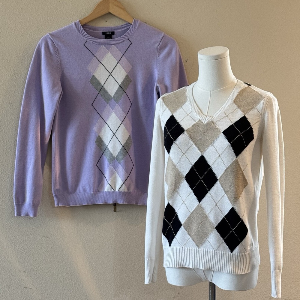 Womens Argyle Sweater Lot 2 Small 100% Cotton Preppy Academia V Neck Crewneck